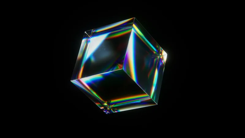 A geometric crystal refracts light on a black background